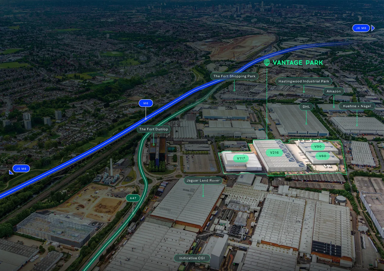 Annotated aerial view of Vantage Park between junctions 5 and 6 of the M6, showing units V60, V90, V117 and V216 and nearby occupiers