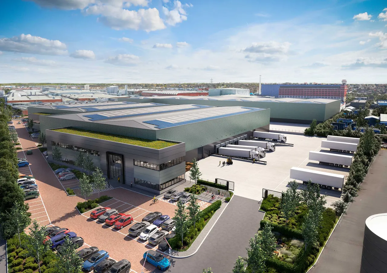 Show image 9: Indicative CGI of V90: Indicative CGI of V90 with its green roof, car park and service yard