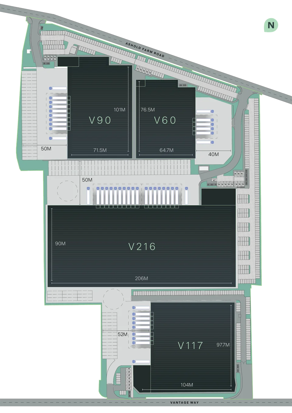 Vantage Park site plan showing units V90, V60, V216 and V117