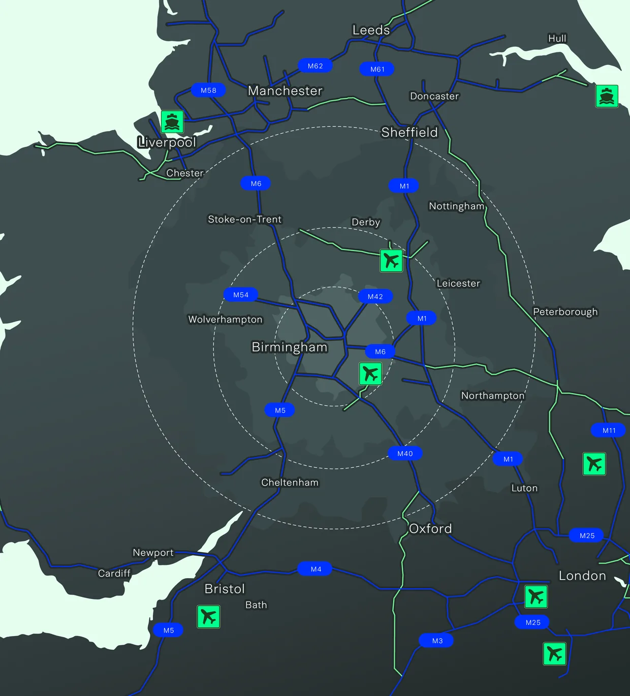 UK travel map showing Vantage Park’s position on the motorway network, with airports and ports